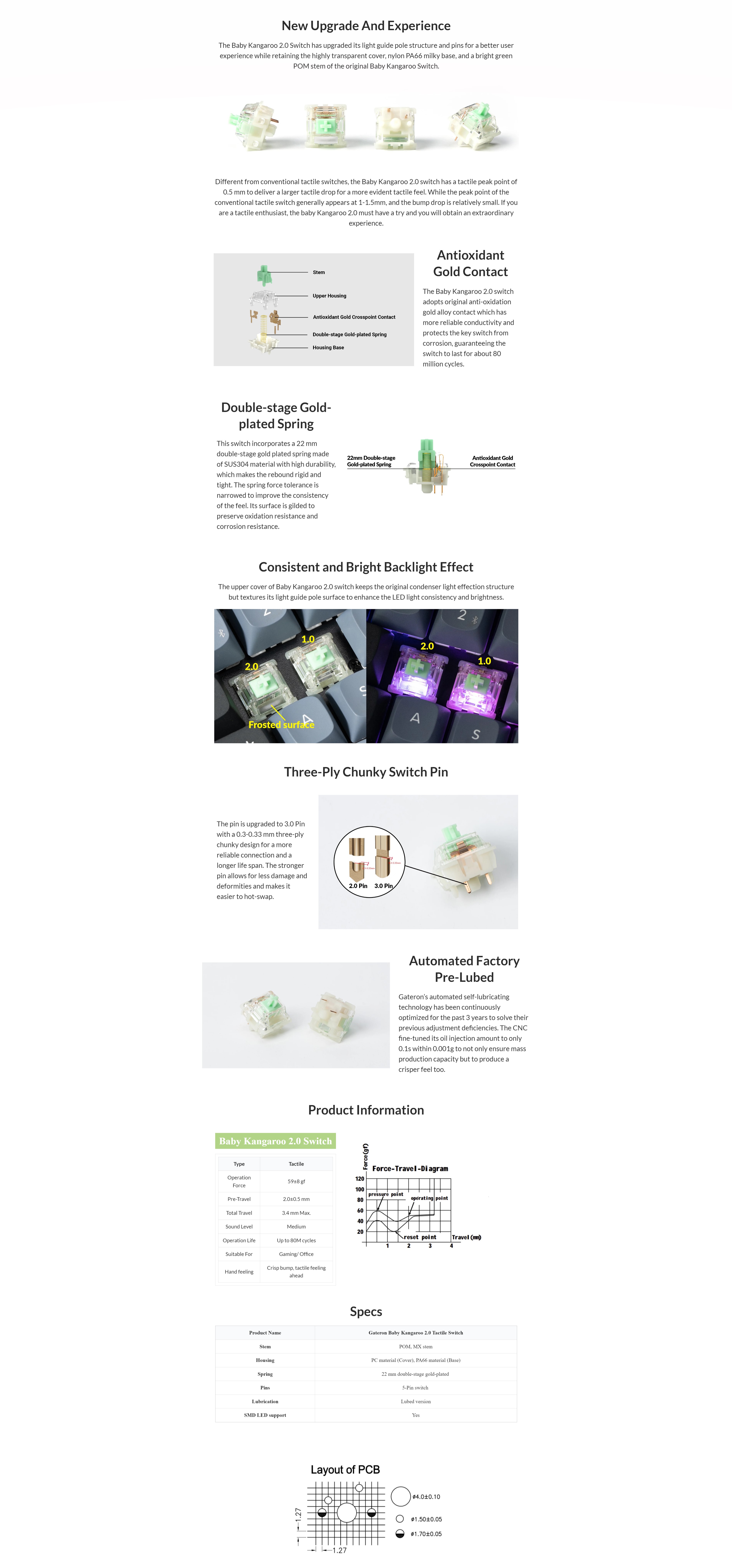 A large marketing image providing additional information about the product Gateron Baby Kangaroo - 59g Tactile Pre-Lubed Switch Set (110pcs) - Additional alt info not provided